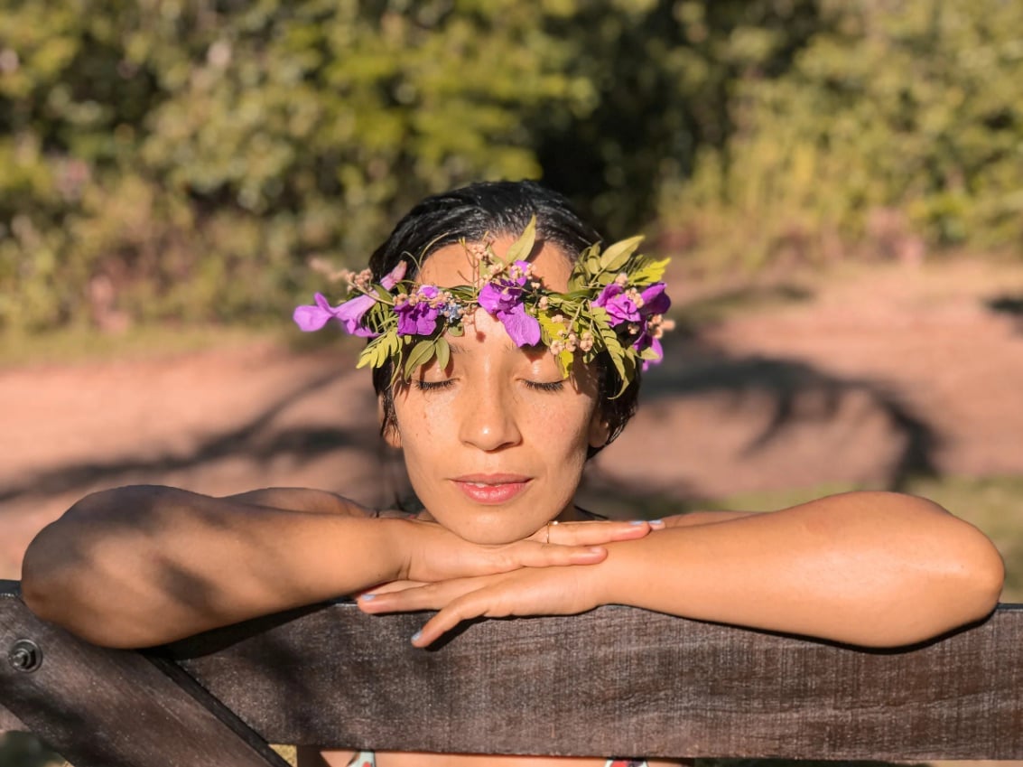 Daniela Garcia wearing a flower crown she composed by hand